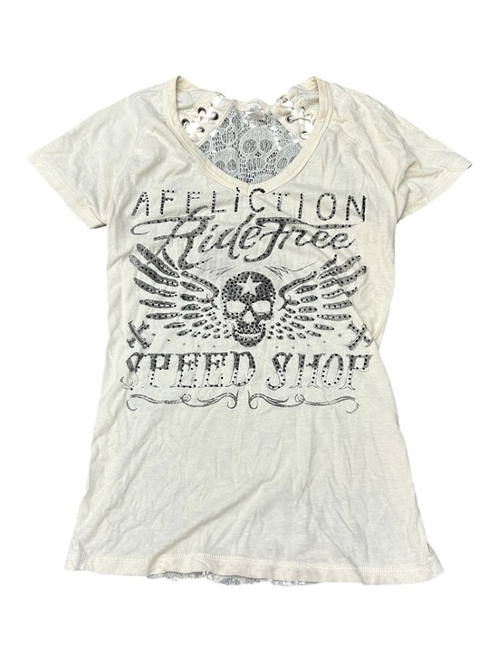 Affliction Tops - Affliction Y2K Ride Free Speed Shop Rhinestone Skull Lace Corset Top‎ Size Small